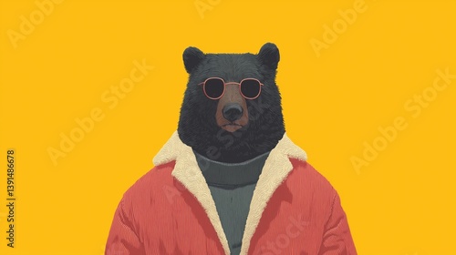 Obraz na płótnie Bear character wearing sunglasses and stylish jacket poses against a solid yellow background, cartoon illustration. w salonie