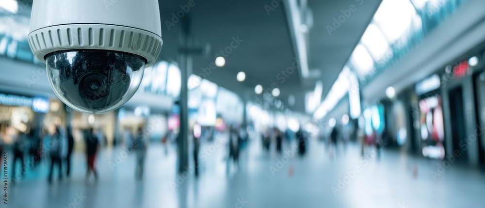 A surveillance camera hangs in a modern, bustling environment, capturing the activity of people in a blurred background, suggesting a focus on security and monitoring. A surveillance camera hangs in a modern, bustling environment, capturing the activity of people in a blurred background, suggesting a focus on security and monitoring.