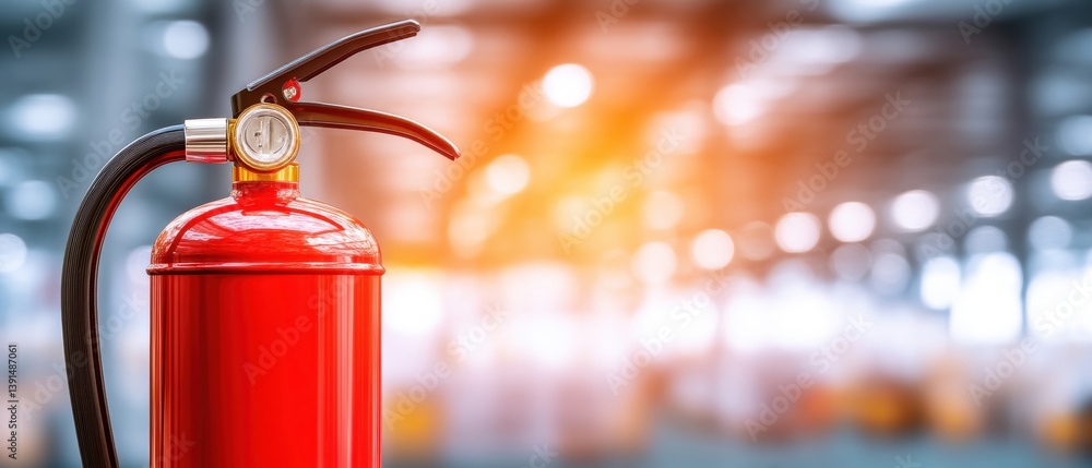 A close-up of a red fire extinguisher in a blurred industrial setting, symbolizing safety and fire prevention in workplaces.
