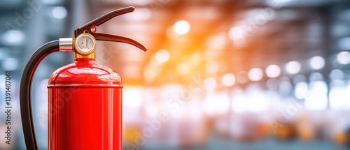 Obraz na płótnie A close-up of a red fire extinguisher in a blurred industrial setting, symbolizing safety and fire prevention in workplaces. w salonie