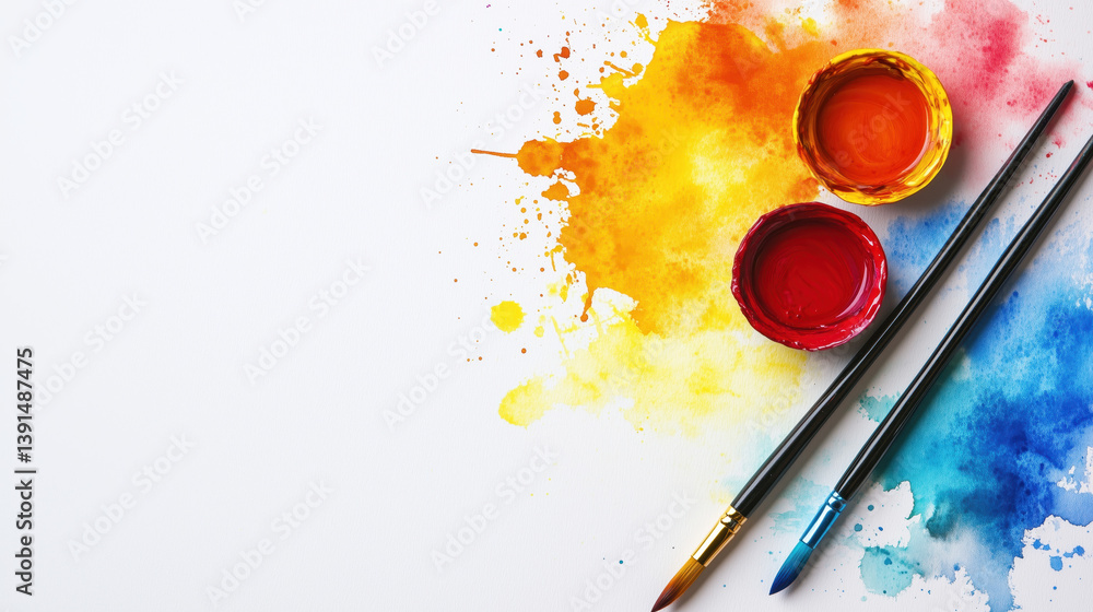 Bright watercolor paint jars with brush strokes and brushes on a white background with copy space.