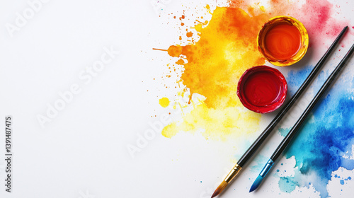 Obraz na płótnie Bright watercolor paint jars with brush strokes and brushes on a white background with copy space. w salonie