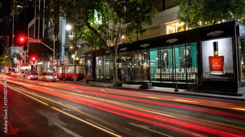 City Street at Night with Car Lights and Building Advertisements