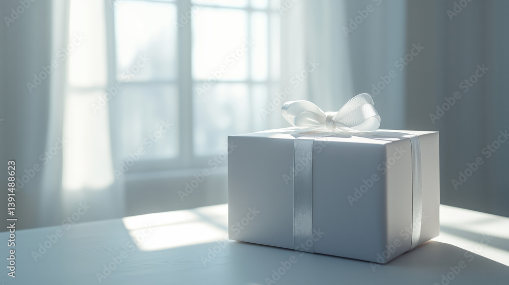 Gift box with ribbon near window background.