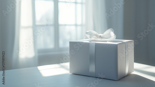 Obraz na płótnie Gift box with ribbon near window background. w salonie