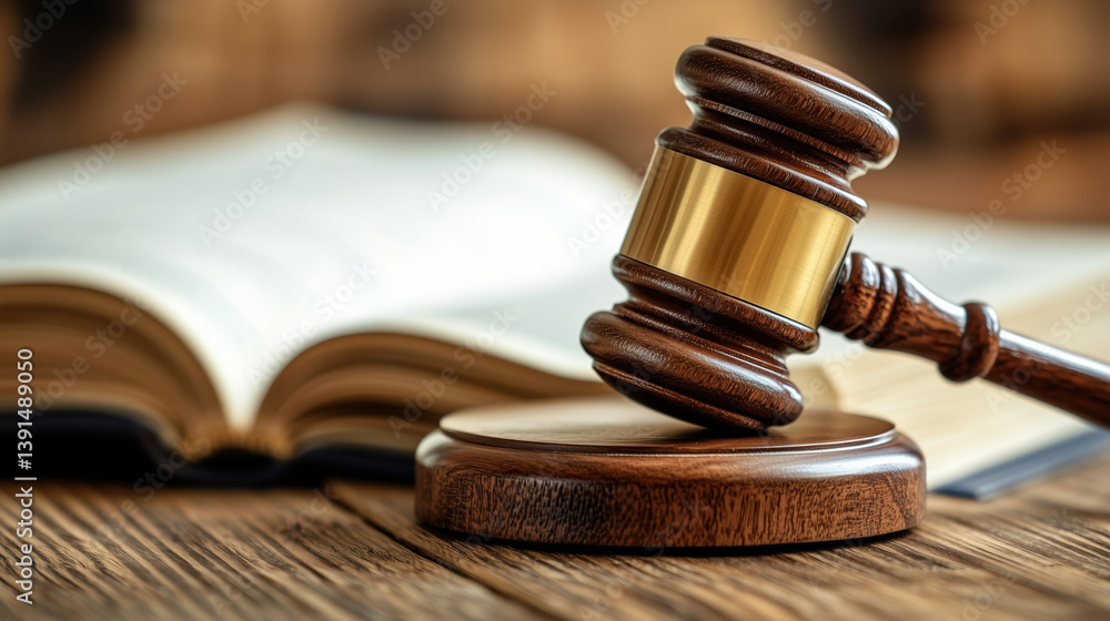Law and justice concept with wooden gavel and book.
