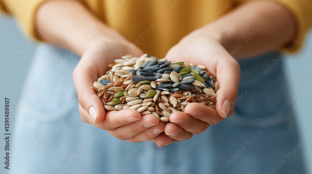 Variety of seeds held in hands with a soft background showcasing healthy eating habits.