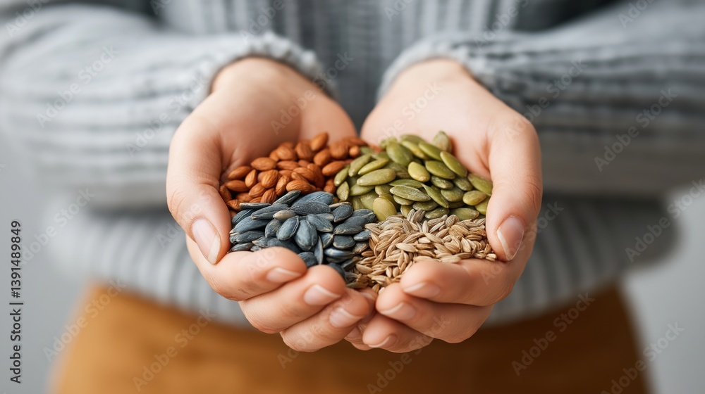 Variety of seeds held in hands showcasing different colors and textures, perfect for gardening or cooking.