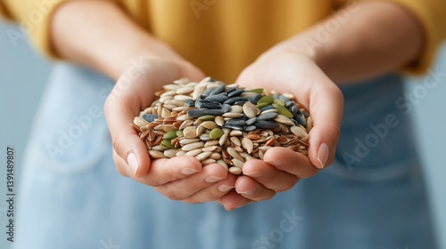 Variety of seeds held in hands with a soft background showcasing healthy eating habits.