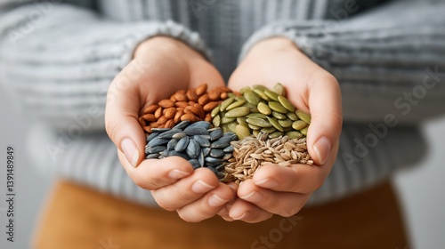 Obraz na płótnie Variety of seeds held in hands showcasing different colors and textures, perfect for gardening or cooking. w salonie