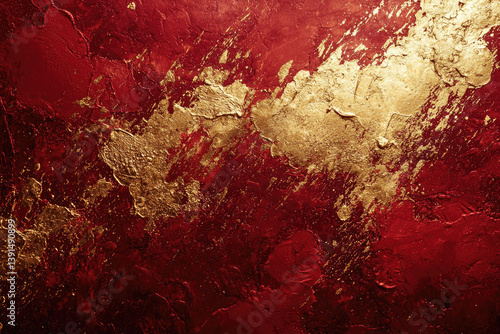 Abstract art featuring a textured red background splashed with gold paint, creating a luxurious and dramatic effect.