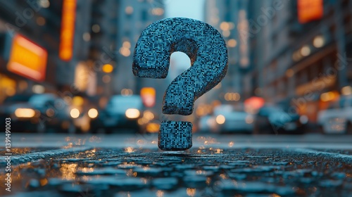 A blue mosaic question mark rests on a reflective city street surrounded by lights and traffic