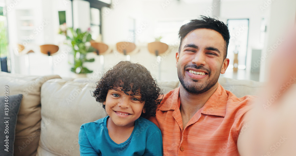 Selfie, dad and bonding with child, home and picture with son in lounge, portrait and smile for memory. Happy, man and care for kid in living room, photography and father with boy in house or relax Selfie, dad and bonding with child, home and picture with son in lounge, portrait and smile for memory. Happy, man and care for kid in living room, photography and father with boy in house or relax