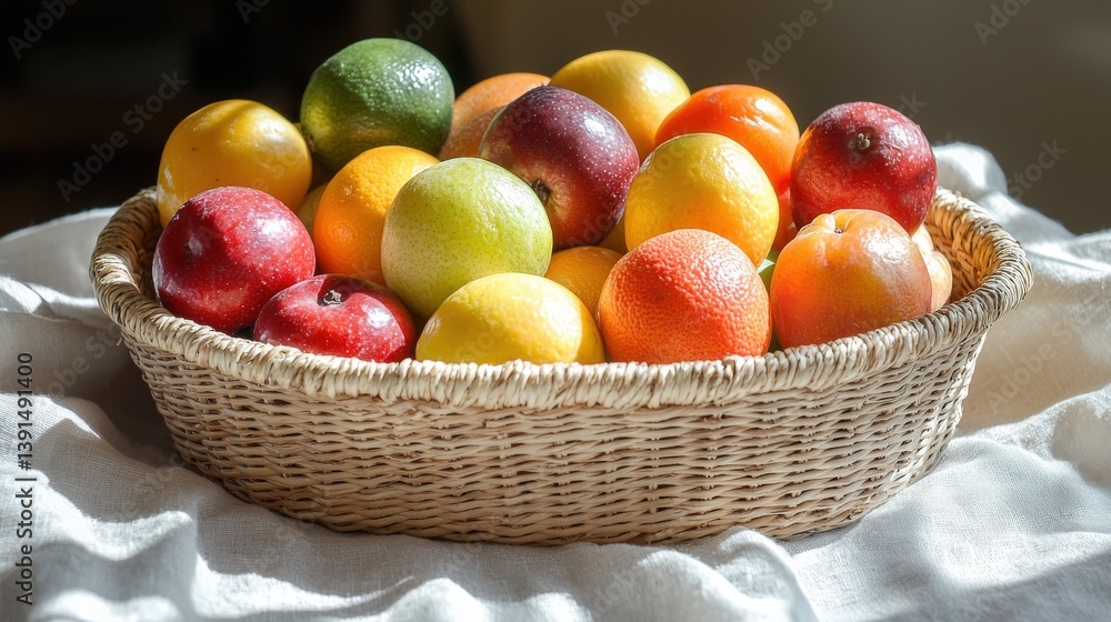 eco-friendly lifestyle. A vibrant assortment of fruits in a woven basket on a textured surface. eco-friendly lifestyle. A vibrant assortment of fruits in a woven basket on a textured surface.