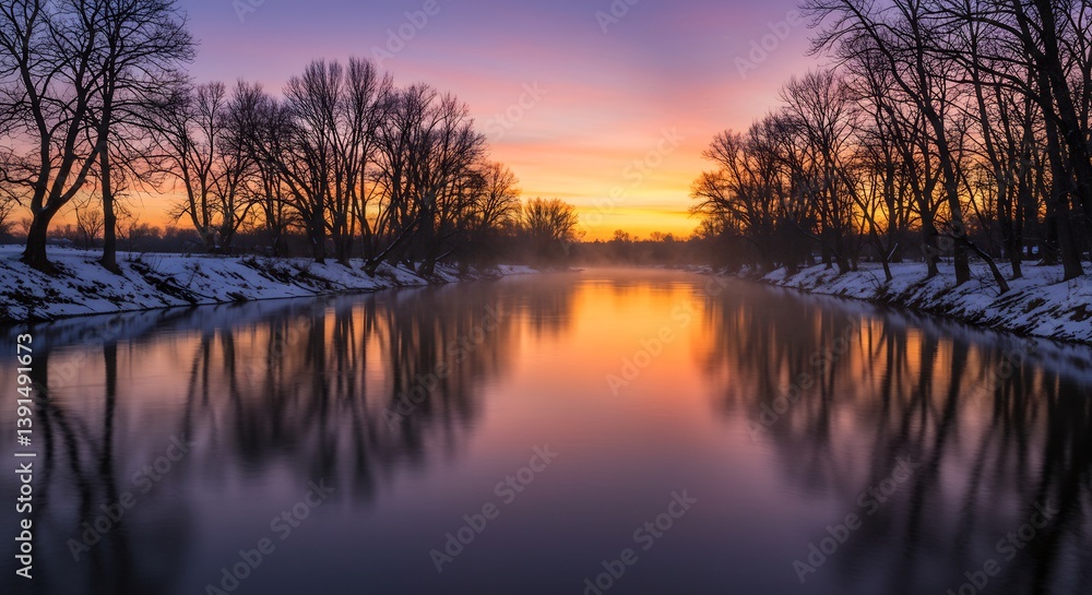Serene winter sunrise reflects peacefully on still river. AI Generated Serene winter sunrise reflects peacefully on still river. AI Generated