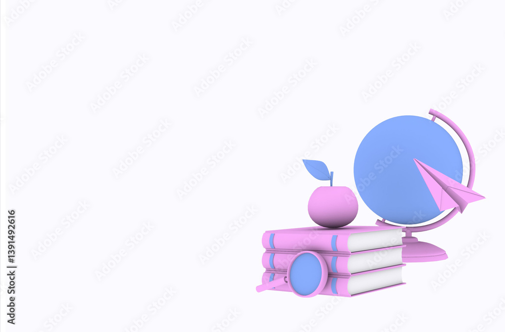 Fototapeta premium Globe, apple, paper airplane, books, magnifying glass 3d icons blue pink on white isolated background, education concept