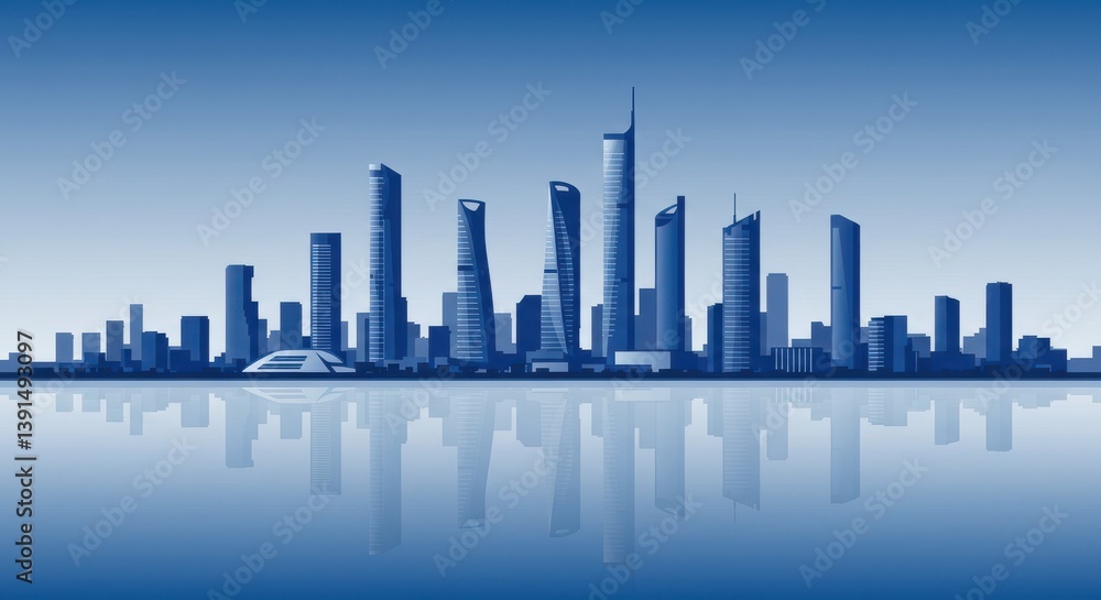 Fototapeta premium A blue cityscape silhouette reflected in water under a light blue sky with various buildings shown