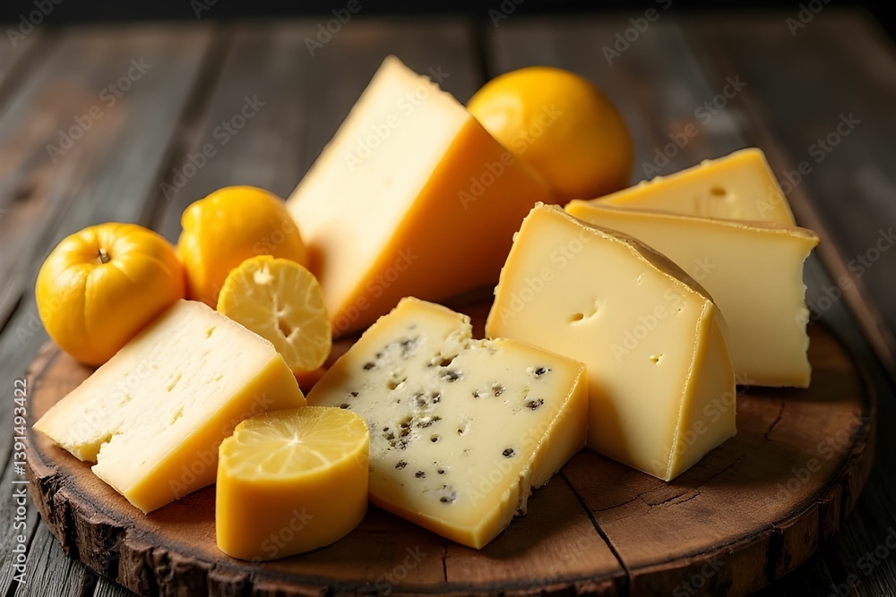 Fototapeta premium various types of cheese on a wooden board. Dairy product. Ideal for use in food blogs, restaurant promotions, lifestyle features, or entertaining guides 