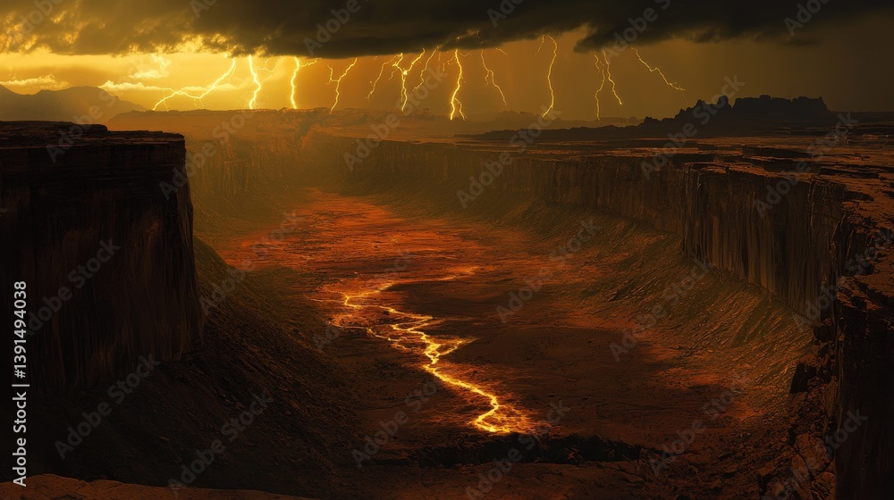 A breathtaking vista of a glowing river cutting through dramatic canyon landscapes. Lightning illuminates the sky creating an electrifying atmosphere. Generative AI