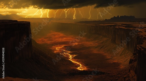 Obraz na płótnie A breathtaking vista of a glowing river cutting through dramatic canyon landscapes. Lightning illuminates the sky creating an electrifying atmosphere. Generative AI w salonie
