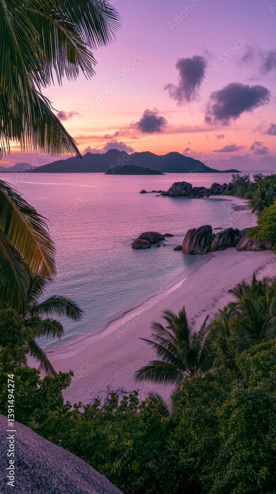 Beautiful serene beach with palm trees under a colorful sunset. The tranquil sea meets the horizon. Nature inspires peace and relaxation. Generative AI