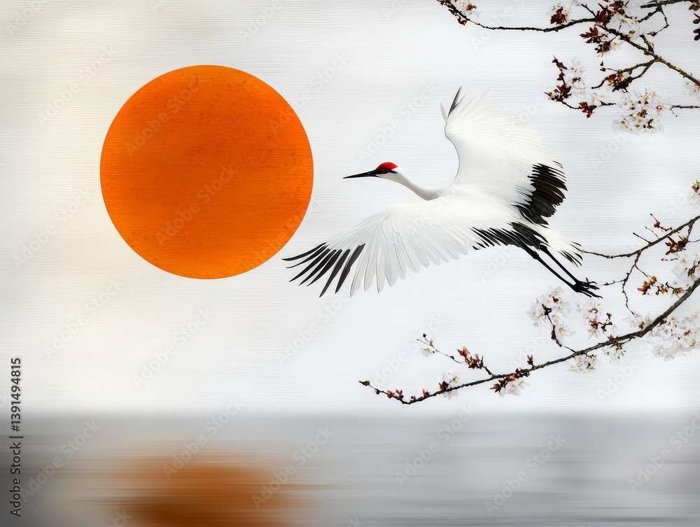 Obraz premium Crane's Serene Flight by the Orange Sun: A majestic crane soars gracefully against a soft, blurred backdrop of the sea and orange sun.