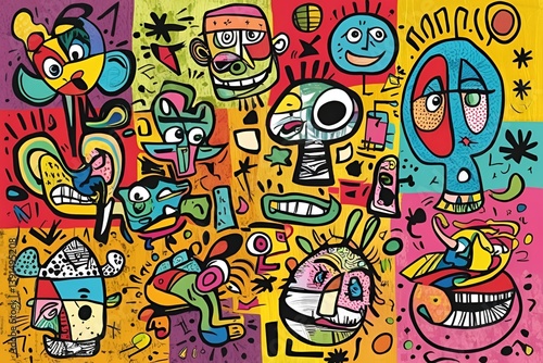Chaotic Retro Doodle Art with Abstract Cartoon Characters