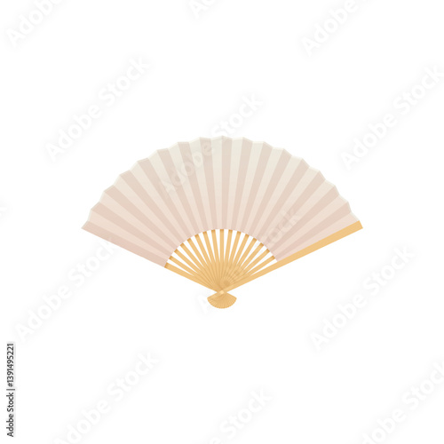 Vector illustration of open folding fan, made of paper and bamboo, white.