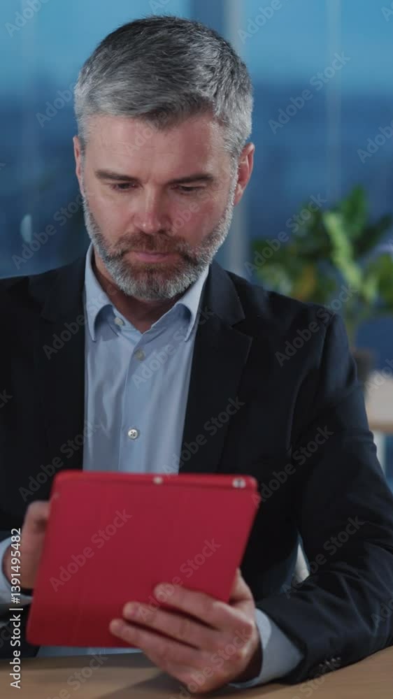 A Focused Businessman is Engaged Using a Tablet While Sitting in a Modern Office Environment