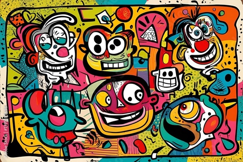Chaotic Retro Doodle Art with Abstract Cartoon Characters