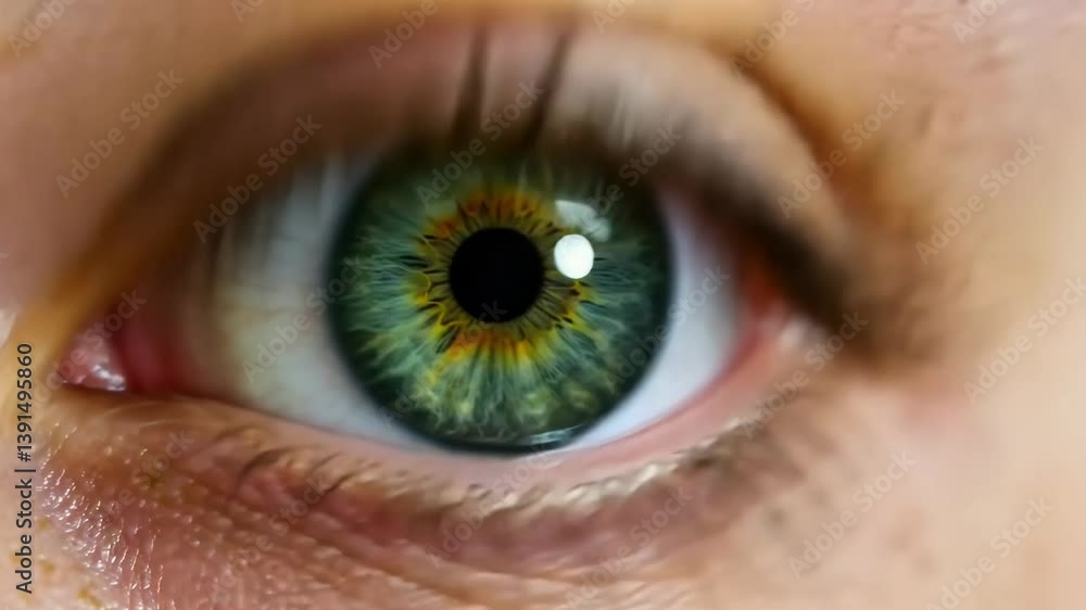 A close up shot of a human eye showing green iris and eyelashes with soft skin around it A close up shot of a human eye showing green iris and eyelashes with soft skin around it