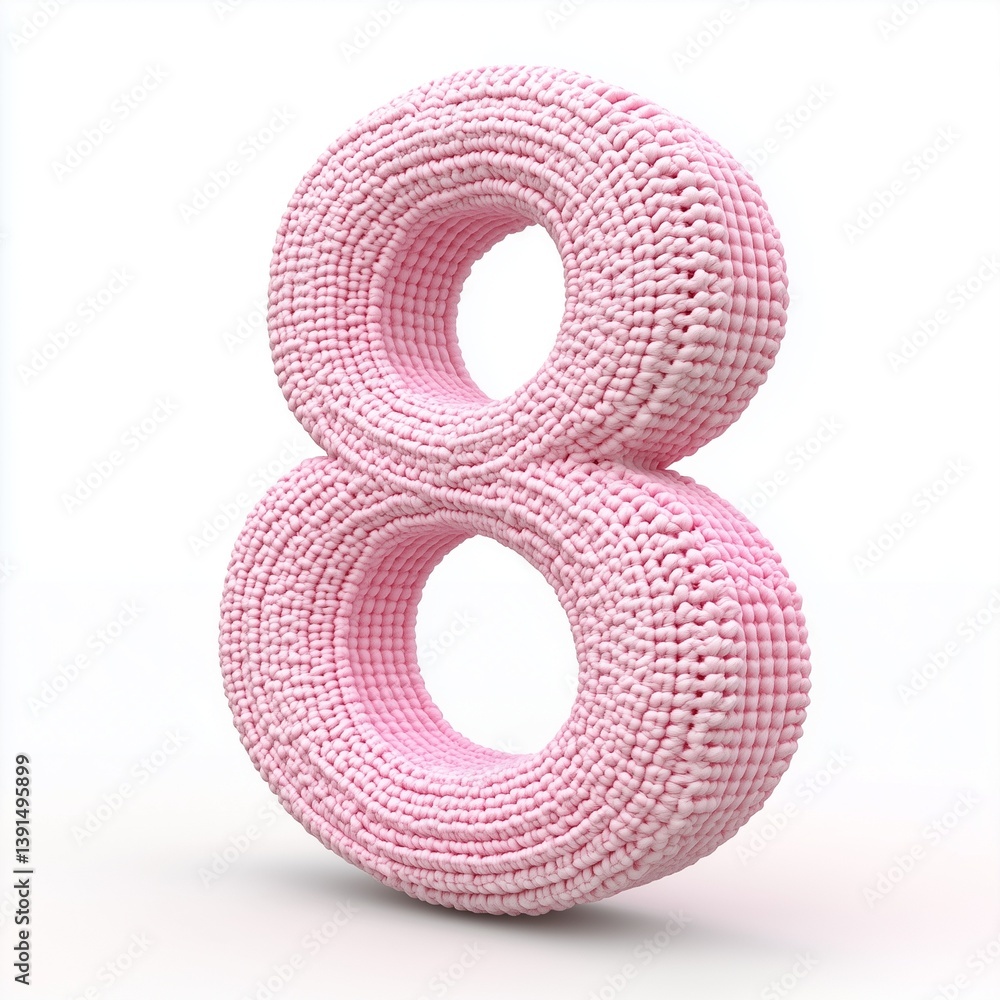Crochet number 8 shaped from pink wool pattern handicraft alphabet character, isolated white