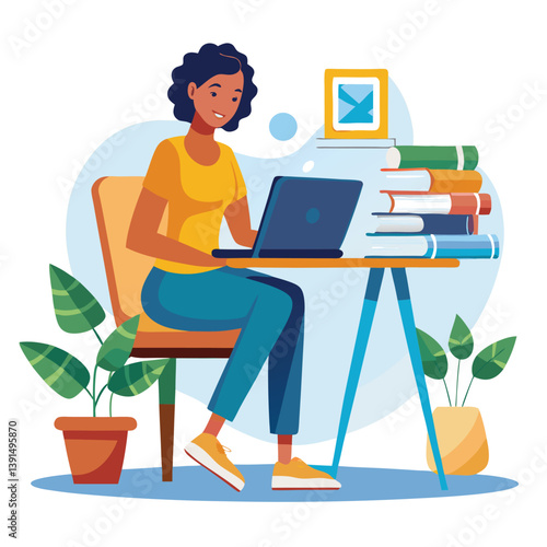 a girl is using his laptop vector