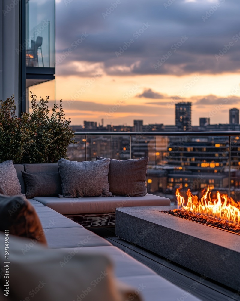 A cozy balcony view at sunset. The warm glow of fire illuminates the space. A perfect place to relax and enjoy the ambiance of the city skyline. Generative AI
