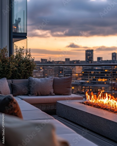 Obraz na płótnie A cozy balcony view at sunset. The warm glow of fire illuminates the space. A perfect place to relax and enjoy the ambiance of the city skyline. Generative AI w salonie