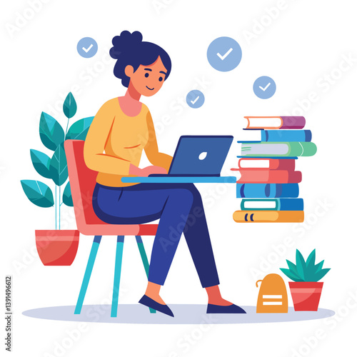 a girl is using his laptop vector