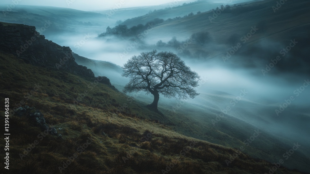 A solitary tree stands amidst the fog. The mist creates a mysterious atmosphere in the valley. Nature evokes feelings of peace and reflection. Generative AI