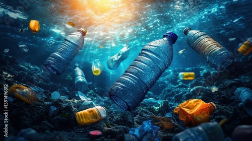 Plastic bottles pollute dark ocean, a pressing environmental issue shown. Use this photo for illustrating ocean pollution and waste disposal topics.