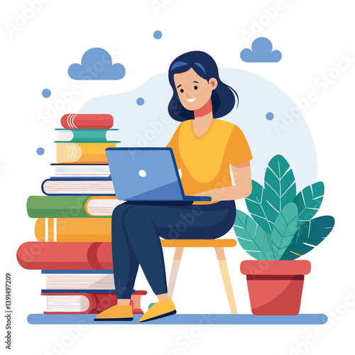 a girl is using his laptop vector
