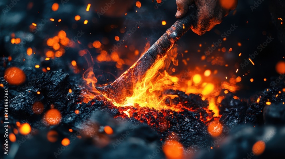 A blacksmith uses a hot blade in a fiery forge setting A blacksmith uses a hot blade in a fiery forge setting