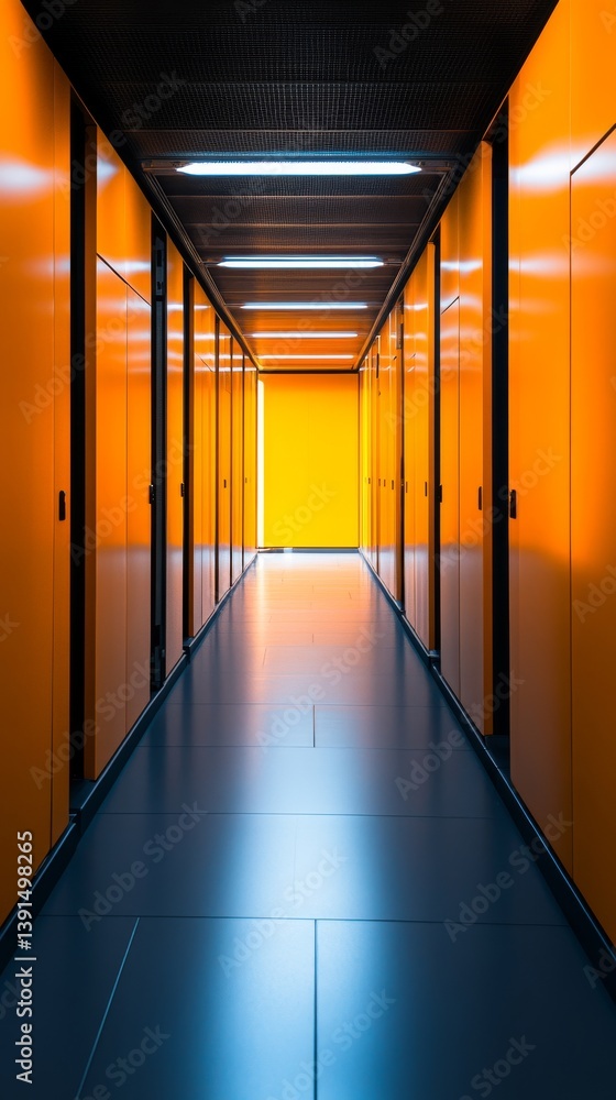 A striking hallway with vibrant orange walls leads to a bright light at the end. This scene evokes a sense of mystery and anticipation. Generative AI.