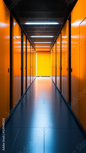Obraz na płótnie A striking hallway with vibrant orange walls leads to a bright light at the end. This scene evokes a sense of mystery and anticipation. Generative AI. w salonie