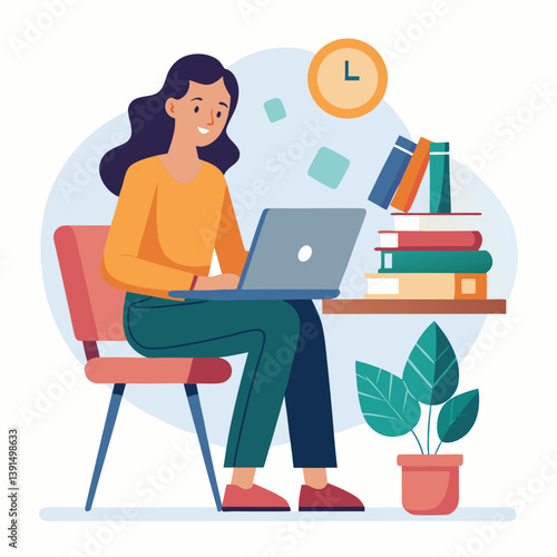 a girl is using his laptop vector