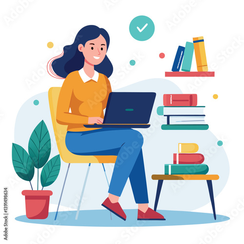 a girl is using his laptop vector