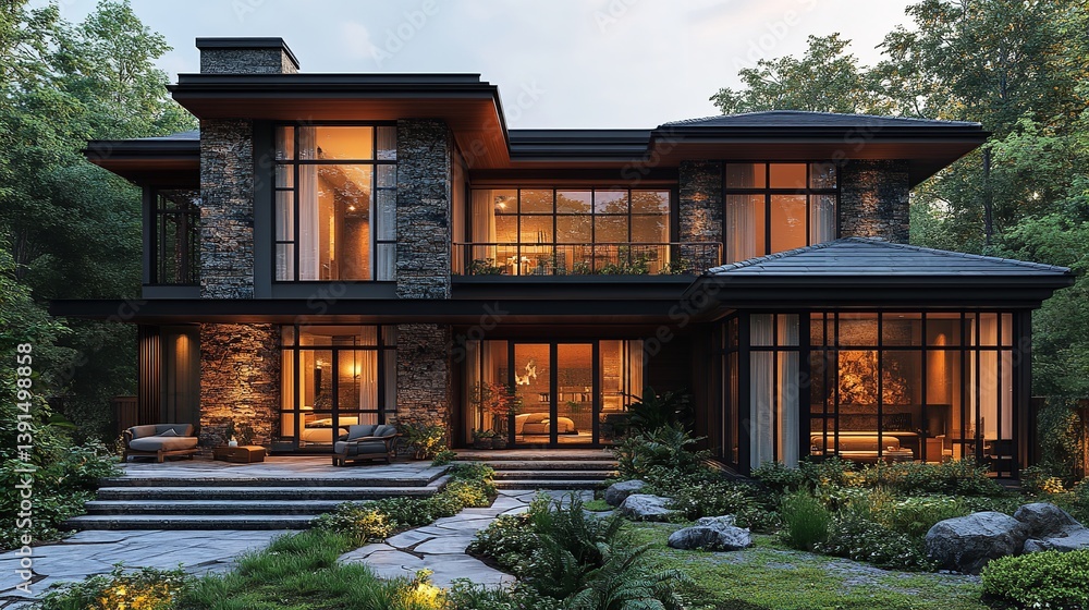 Luxurious stone glass modern home nestled in a tranquil forest at dusk warm interior lighting Luxurious stone glass modern home nestled in a tranquil forest at dusk warm interior lighting