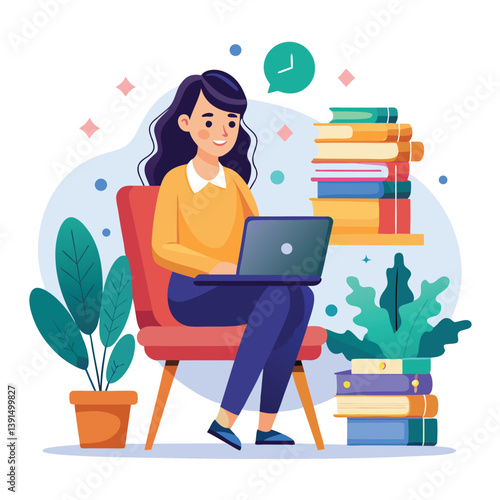 a girl is using his laptop vector