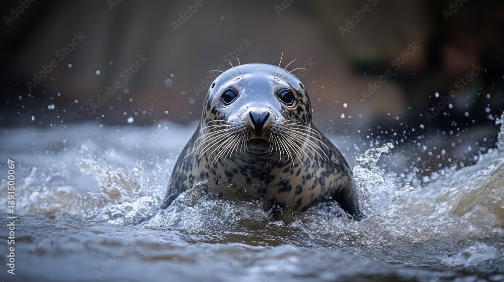 Obraz premium Curious seal swimming towards the camera in a dynamic water setting, showcasing playful interaction with its surroundings.