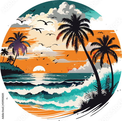 tropical beach with palm trees,beach, summer, tropical, ocean, palm, vacation, sunset, california, paradise, surf, island, fashion, design, retro, graphic, illustration, poster, palm trees, tee, print