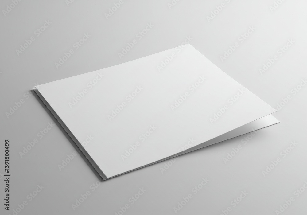 A square white brochure or booklet resting on a light gray surface with a slightly opened page showing 100 A square white brochure or booklet resting on a light gray surface with a slightly opened page showing 100