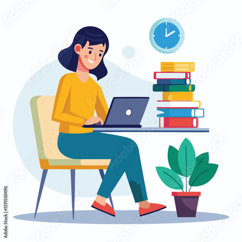 a girl is using his laptop vector
